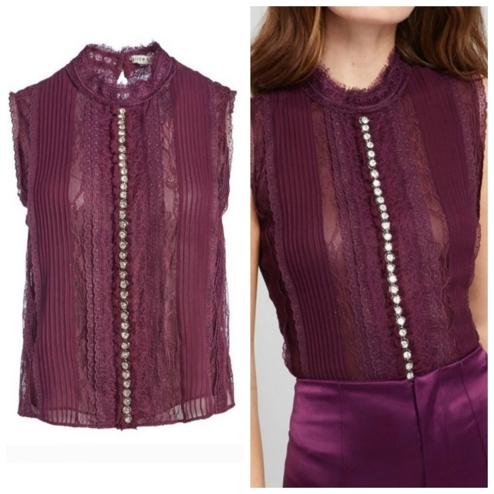 Alice + Olivia Valentine Mock Neck Crystal Top SIZE Large - Picture 1 of 11